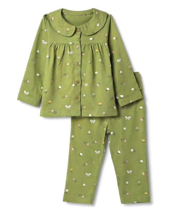 Babyhug 100% Cotton Knit Full Sleeves Front Open Shirt & Pyjama Night Suit Co-Ords Set With Floral Print - Green