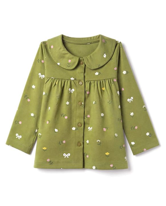 Babyhug 100% Cotton Knit Full Sleeves Front Open Shirt & Pyjama Night Suit Co-Ords Set With Floral Print - Green
