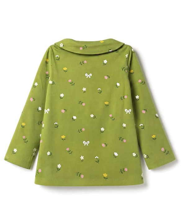 Babyhug 100% Cotton Knit Full Sleeves Front Open Shirt & Pyjama Night Suit Co-Ords Set With Floral Print - Green