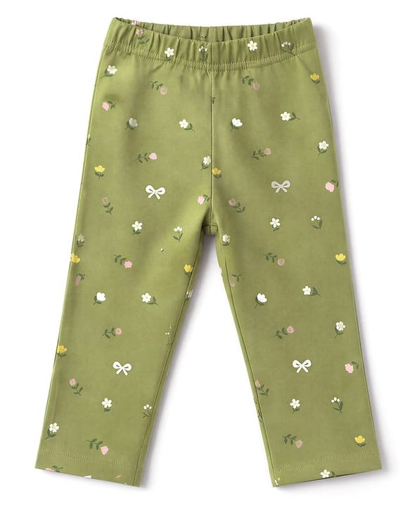 Babyhug 100% Cotton Knit Full Sleeves Front Open Shirt & Pyjama Night Suit Co-Ords Set With Floral Print - Green