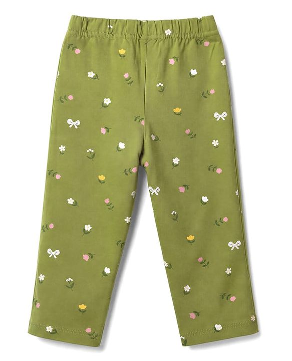 Babyhug 100% Cotton Knit Full Sleeves Front Open Shirt & Pyjama Night Suit Co-Ords Set With Floral Print - Green