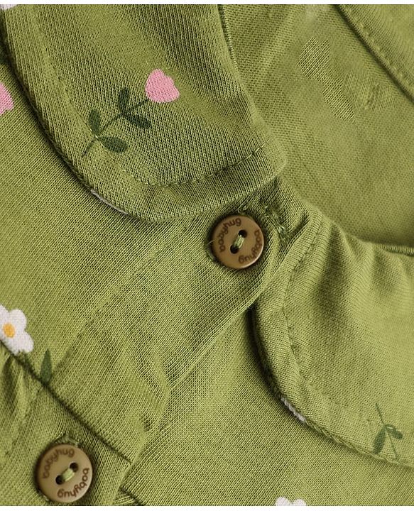 Babyhug 100% Cotton Knit Full Sleeves Front Open Shirt & Pyjama Night Suit Co-Ords Set With Floral Print - Green