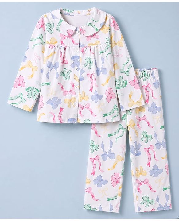 Babyhug 100% Cotton Knit Full Sleeves Co-Ords Top & Pyjama Night Suit with Bow Print - White