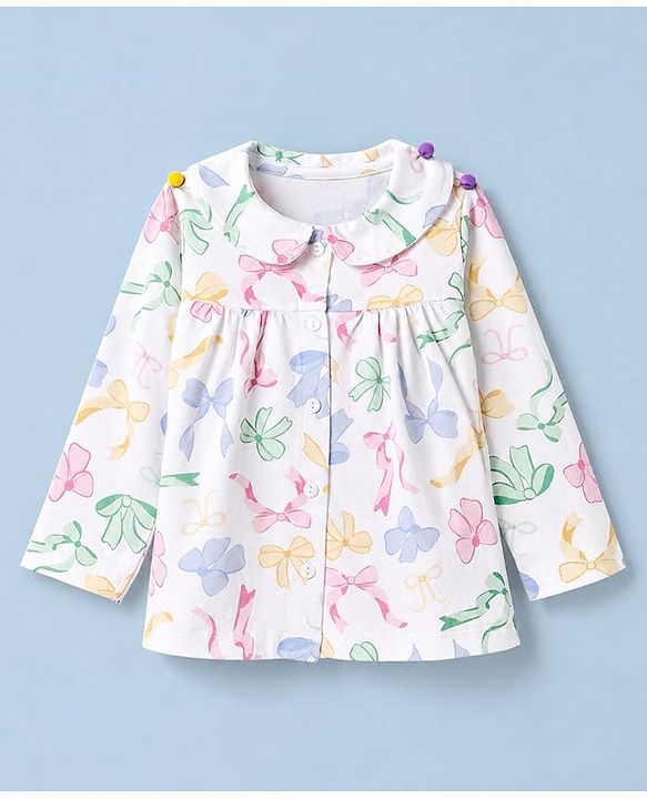 Babyhug 100% Cotton Knit Full Sleeves Co-Ords Top & Pyjama Night Suit with Bow Print - White