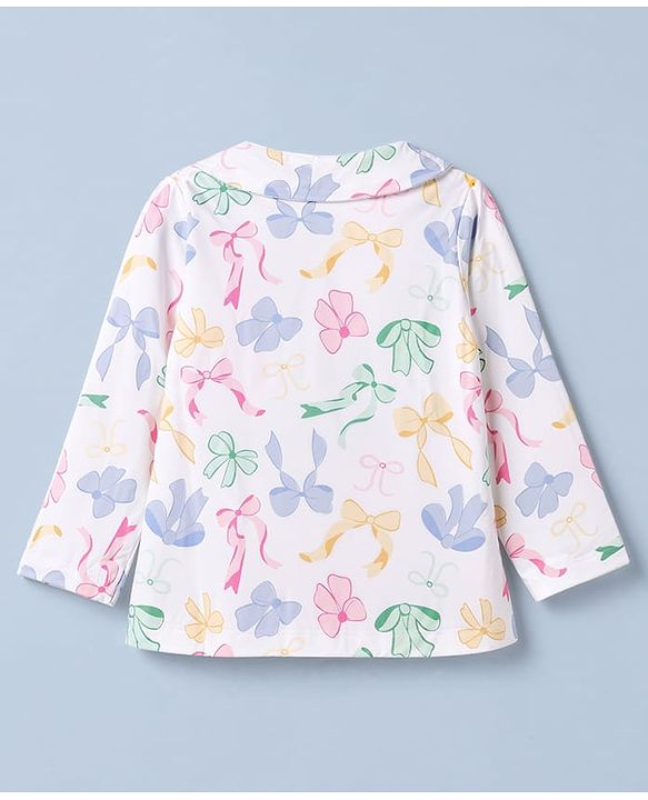 Babyhug 100% Cotton Knit Full Sleeves Co-Ords Top & Pyjama Night Suit with Bow Print - White