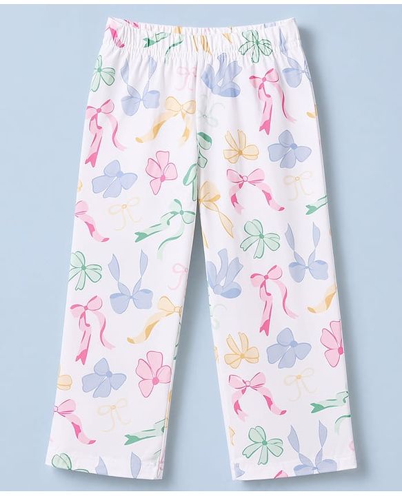 Babyhug 100% Cotton Knit Full Sleeves Co-Ords Top & Pyjama Night Suit with Bow Print - White