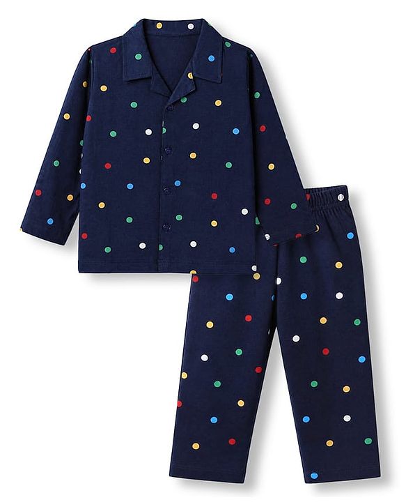 Babyhug 100% Cotton Knit Full Sleeves Co-Ords Shirt & Pyjama Night Suit with Polka Dots Print - Navy Blue