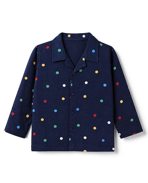 Babyhug 100% Cotton Knit Full Sleeves Co-Ords Shirt & Pyjama Night Suit with Polka Dots Print - Navy Blue