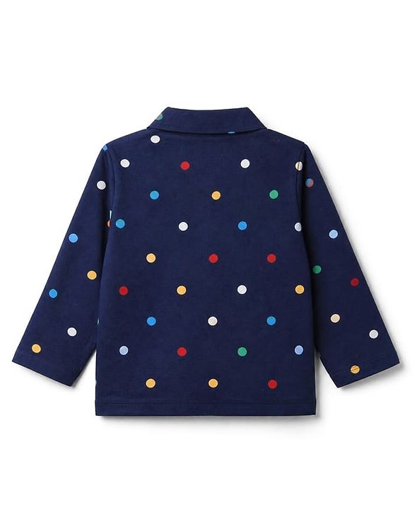 Babyhug 100% Cotton Knit Full Sleeves Co-Ords Shirt & Pyjama Night Suit with Polka Dots Print - Navy Blue