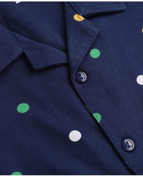 Babyhug 100% Cotton Knit Full Sleeves Co-Ords Shirt & Pyjama Night Suit with Polka Dots Print - Navy Blue