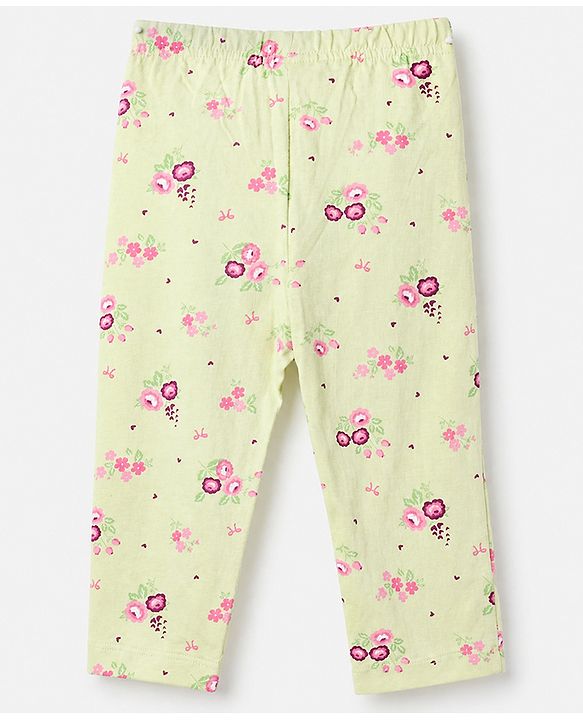 Babyhug 100% Cotton Knit Full Sleeves Co-Ords Top & Pyjama Night Suit with Floral Print - Light Green
