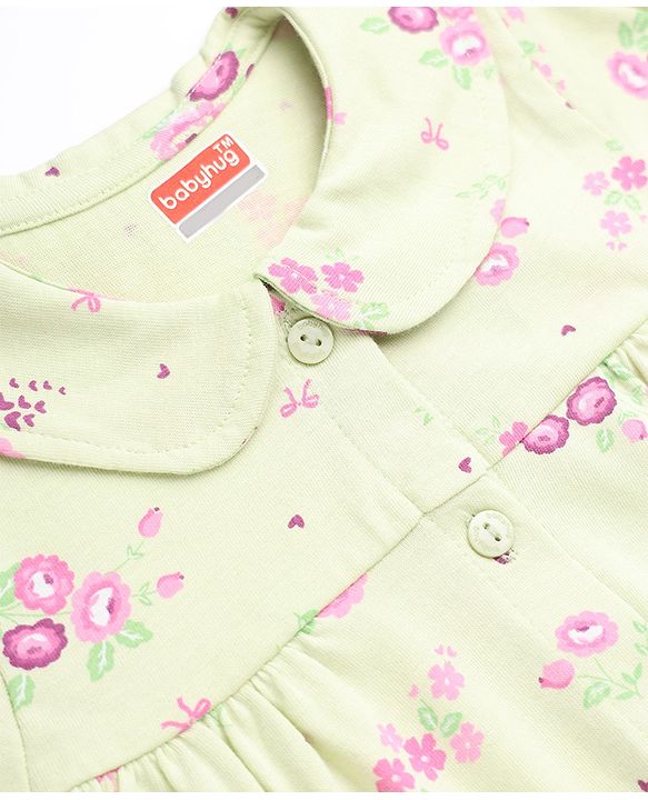 Babyhug 100% Cotton Knit Full Sleeves Co-Ords Top & Pyjama Night Suit with Floral Print - Light Green
