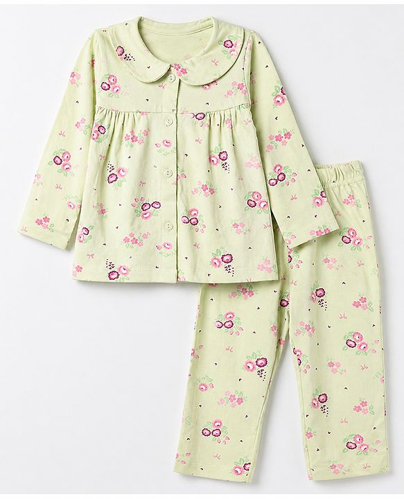 Babyhug 100% Cotton Knit Full Sleeves Co-Ords Top & Pyjama Night Suit with Floral Print - Light Green