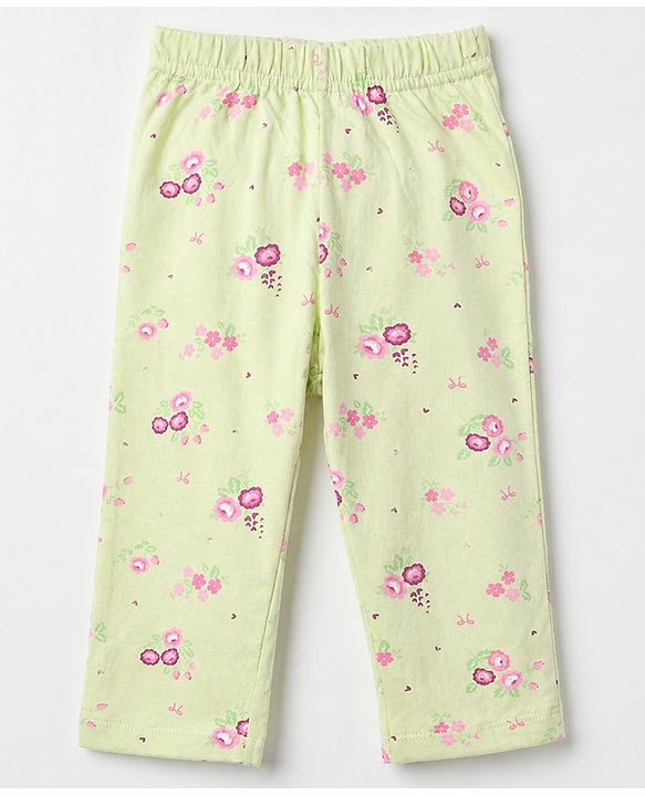 Babyhug 100% Cotton Knit Full Sleeves Co-Ords Top & Pyjama Night Suit with Floral Print - Light Green
