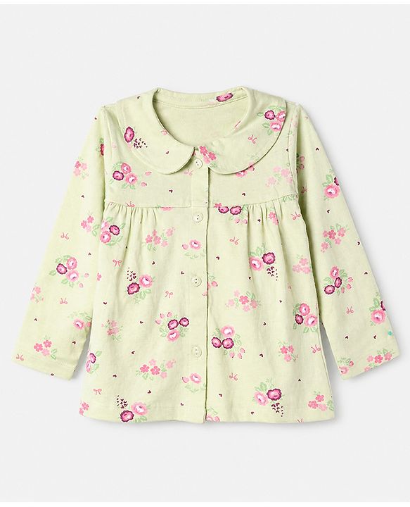 Babyhug 100% Cotton Knit Full Sleeves Co-Ords Top & Pyjama Night Suit with Floral Print - Light Green