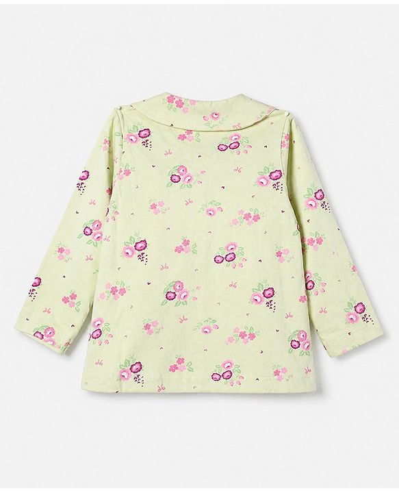 Babyhug 100% Cotton Knit Full Sleeves Co-Ords Top & Pyjama Night Suit with Floral Print - Light Green