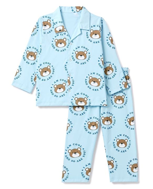 Babyhug 100% Cotton Knit Full Sleeves Front Open Shirt & Pyjama Night Suit Co-Ords Set With Bear & Text Print - Light Blue