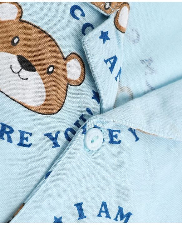 Babyhug 100% Cotton Knit Full Sleeves Front Open Shirt & Pyjama Night Suit Co-Ords Set With Bear & Text Print - Light Blue