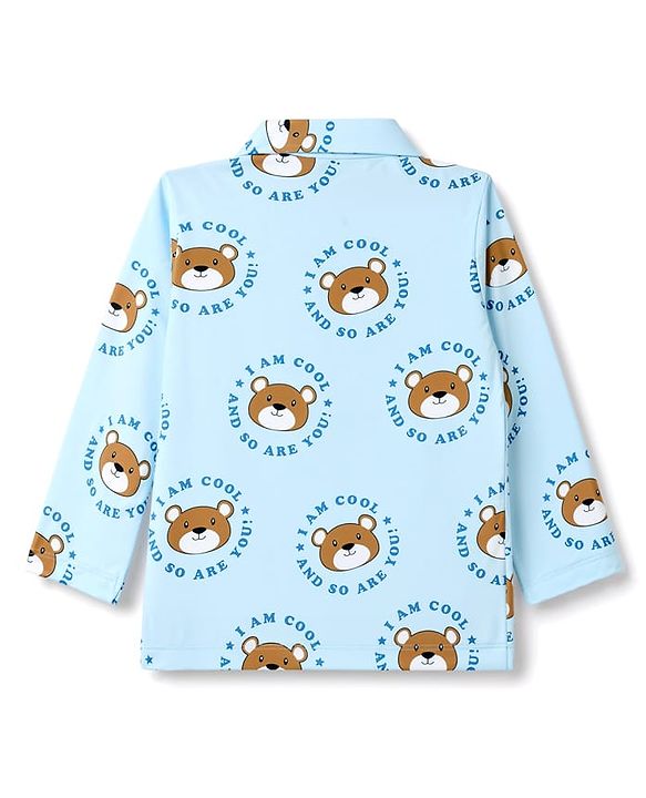 Babyhug 100% Cotton Knit Full Sleeves Front Open Shirt & Pyjama Night Suit Co-Ords Set With Bear & Text Print - Light Blue