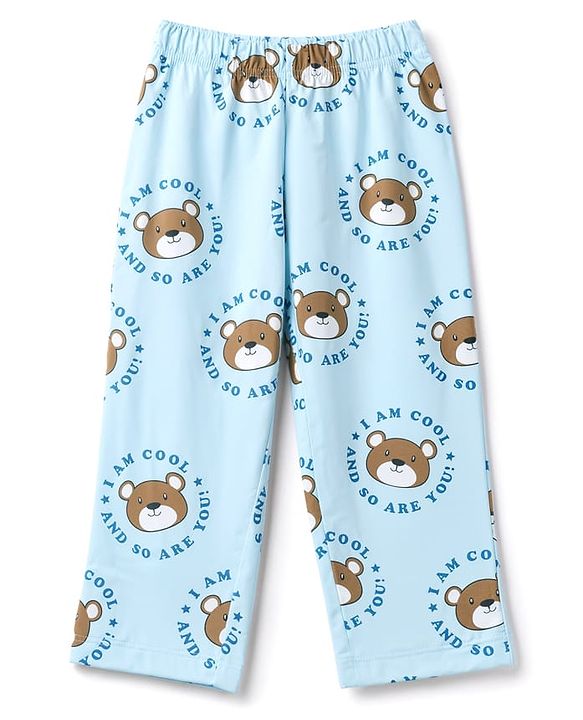 Babyhug 100% Cotton Knit Full Sleeves Front Open Shirt & Pyjama Night Suit Co-Ords Set With Bear & Text Print - Light Blue