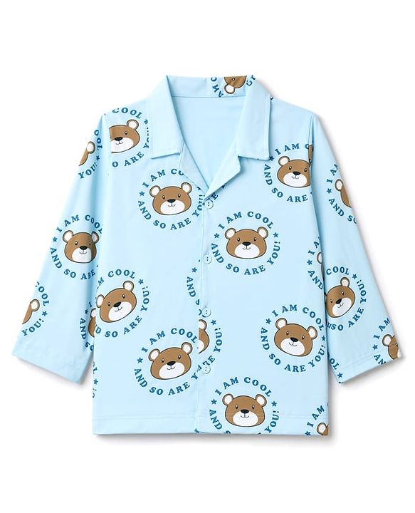 Babyhug 100% Cotton Knit Full Sleeves Front Open Shirt & Pyjama Night Suit Co-Ords Set With Bear & Text Print - Light Blue