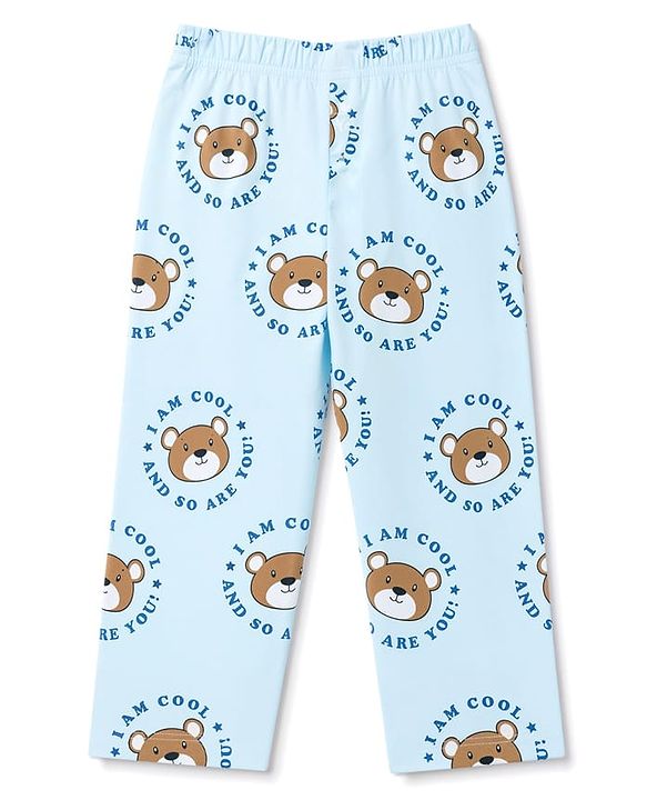 Babyhug 100% Cotton Knit Full Sleeves Front Open Shirt & Pyjama Night Suit Co-Ords Set With Bear & Text Print - Light Blue