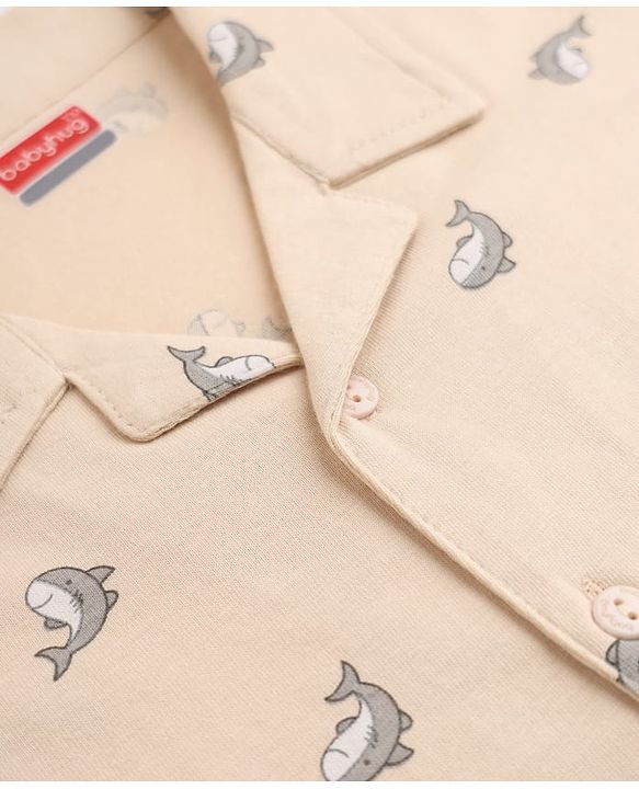 Babyhug Cotton Knit Full Sleeves Co-Ords Shirt & Pyjama Night Suit with Dolphin Print - Peach