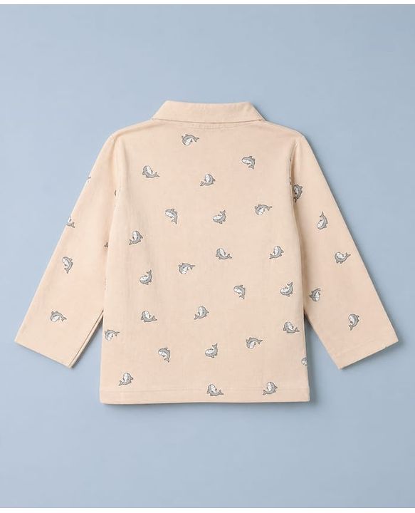Babyhug Cotton Knit Full Sleeves Co-Ords Shirt & Pyjama Night Suit with Dolphin Print - Peach