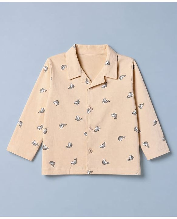 Babyhug Cotton Knit Full Sleeves Co-Ords Shirt & Pyjama Night Suit with Dolphin Print - Peach