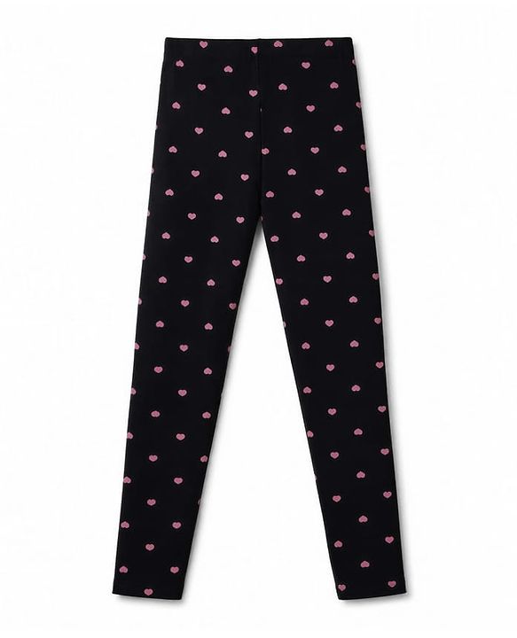 Pine Kids Cotton Lycra Knit Full Length Hearts Printed Leggings - Black