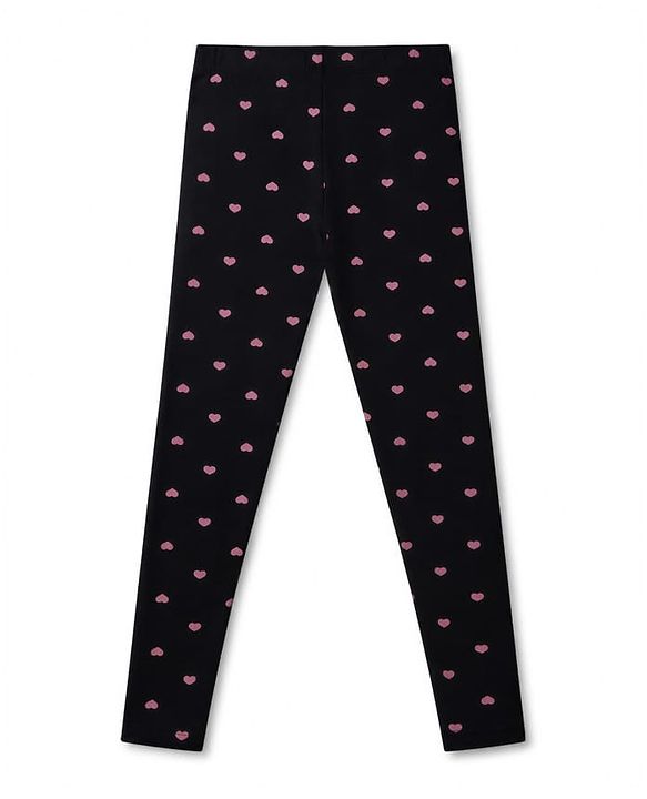 Pine Kids Cotton Lycra Knit Full Length Hearts Printed Leggings - Black