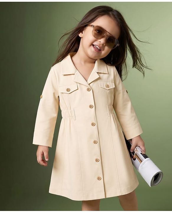 Babyhug 100% Cotton Woven Shirt Dress with Full Sleeves - Beige