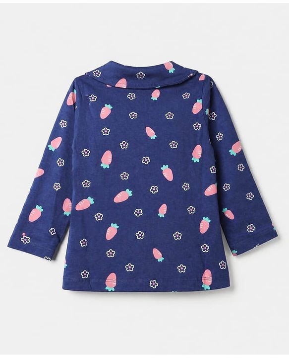 Babyhug 100% Cotton Knit Full Sleeves Co-Ords Top & Pyjama Night Suit with Floral & Carrot Print - Navy Blue