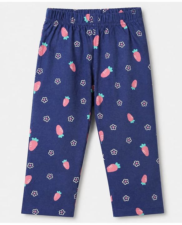 Babyhug 100% Cotton Knit Full Sleeves Co-Ords Top & Pyjama Night Suit with Floral & Carrot Print - Navy Blue
