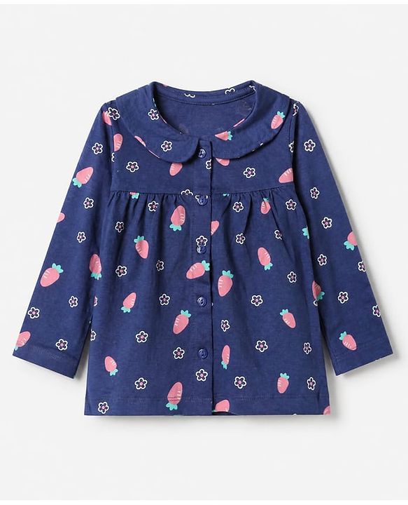 Babyhug 100% Cotton Knit Full Sleeves Co-Ords Top & Pyjama Night Suit with Floral & Carrot Print - Navy Blue
