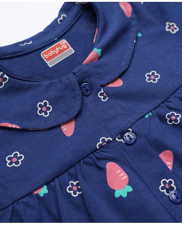 Babyhug 100% Cotton Knit Full Sleeves Co-Ords Top & Pyjama Night Suit with Floral & Carrot Print - Navy Blue
