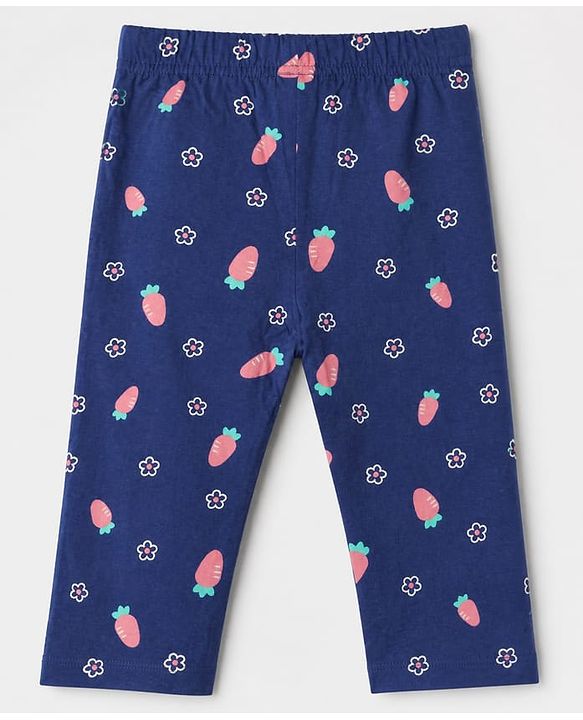 Babyhug 100% Cotton Knit Full Sleeves Co-Ords Top & Pyjama Night Suit with Floral & Carrot Print - Navy Blue