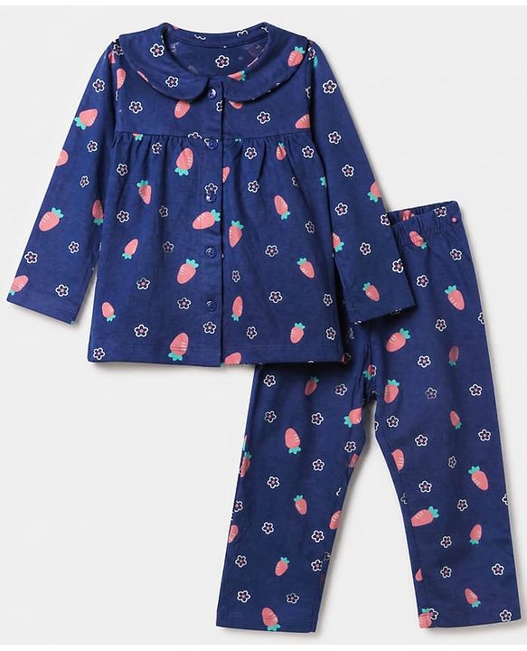 Babyhug 100% Cotton Knit Full Sleeves Co-Ords Top & Pyjama Night Suit with Floral & Carrot Print - Navy Blue