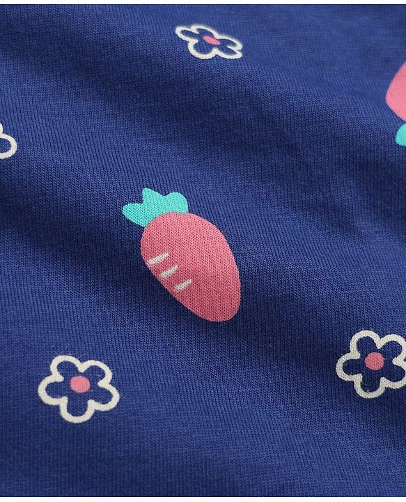 Babyhug 100% Cotton Knit Full Sleeves Co-Ords Top & Pyjama Night Suit with Floral & Carrot Print - Navy Blue