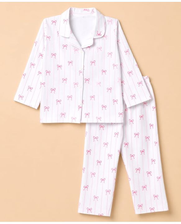 Babyhug 100% Cotton Knit Full Sleeves Striped Co-Ords Shirt & Pyjama Night Suit with Bow Print - White