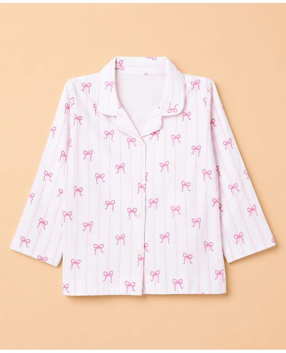 Babyhug 100% Cotton Knit Full Sleeves Striped Co-Ords Shirt & Pyjama Night Suit with Bow Print - White