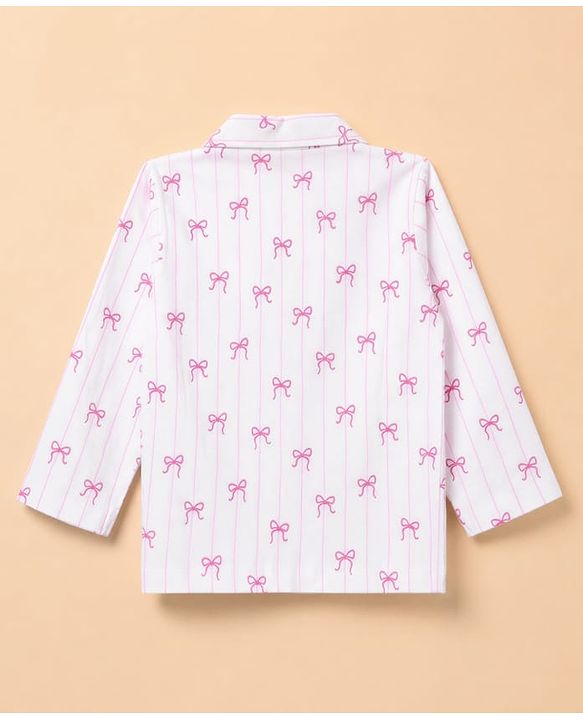 Babyhug 100% Cotton Knit Full Sleeves Striped Co-Ords Shirt & Pyjama Night Suit with Bow Print - White