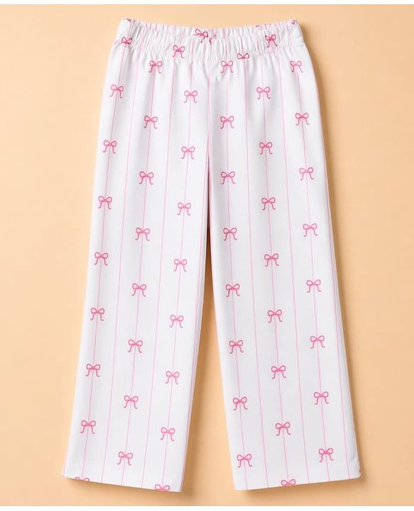 Babyhug 100% Cotton Knit Full Sleeves Striped Co-Ords Shirt & Pyjama Night Suit with Bow Print - White