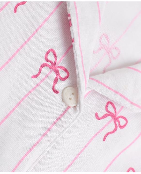 Babyhug 100% Cotton Knit Full Sleeves Striped Co-Ords Shirt & Pyjama Night Suit with Bow Print - White