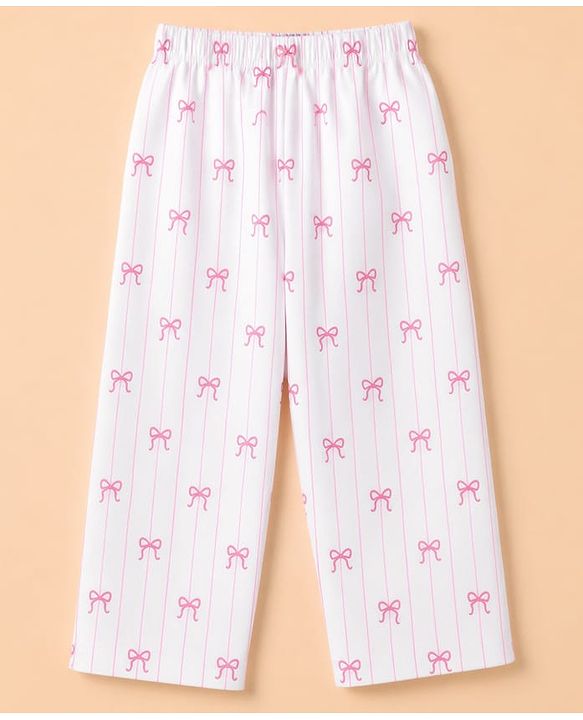 Babyhug 100% Cotton Knit Full Sleeves Striped Co-Ords Shirt & Pyjama Night Suit with Bow Print - White