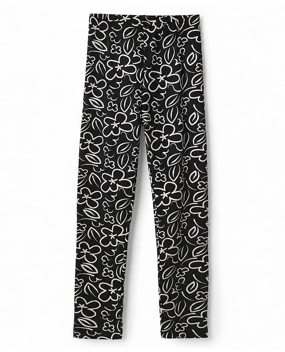 Pine Kids Cotton Lycra Knit Full Length Leggings with Floral Print - Black