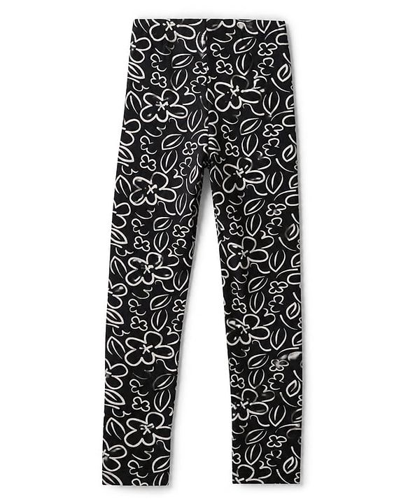 Pine Kids Cotton Lycra Knit Full Length Leggings with Floral Print - Black