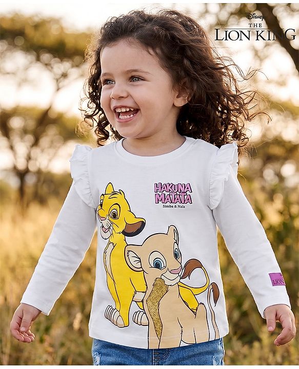 Babyhug Disney Single Jersey Knit T-Shirt with Full Sleeves and Simba Print - White