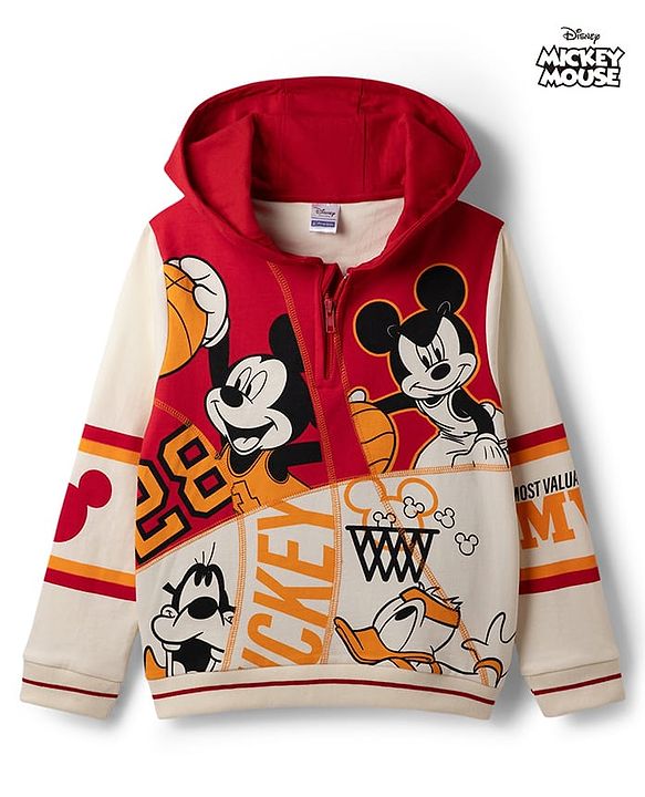 Pine Kids Disney 100% Cotton Knit Full Sleeves Hooded Sweatshirt With Mickey Mouse & Friends Graphic - Red
