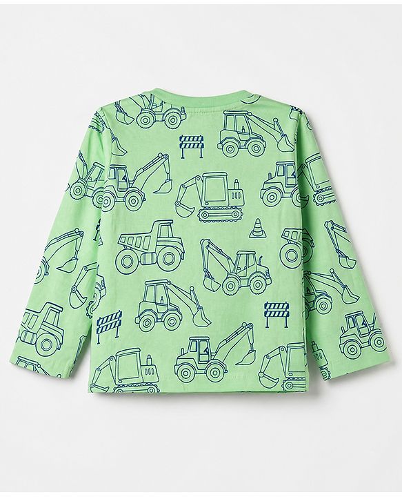 Babyhug 100% Cotton Knit Full Sleeves Co-Ords T-Shirt & Pyjama Night Suit with Construction Vehicle Print - Sea Green